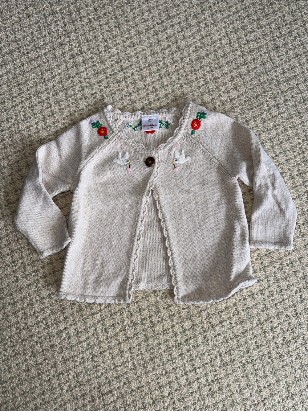 Hanna Andersson Cream Knit Cardigan with Embroidered Flowers